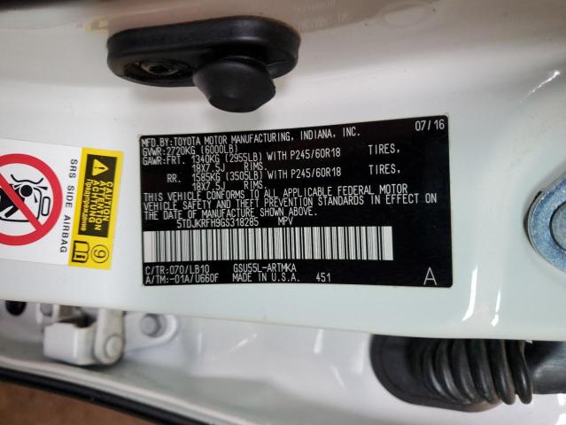 5TDJKRFH9GS318285 - 2016 TOYOTA HIGHLANDER XLE WHITE photo 13