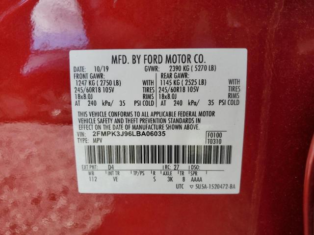 2FMPK3J96LBA06035 - 2020 FORD EDGE SEL RED photo 13