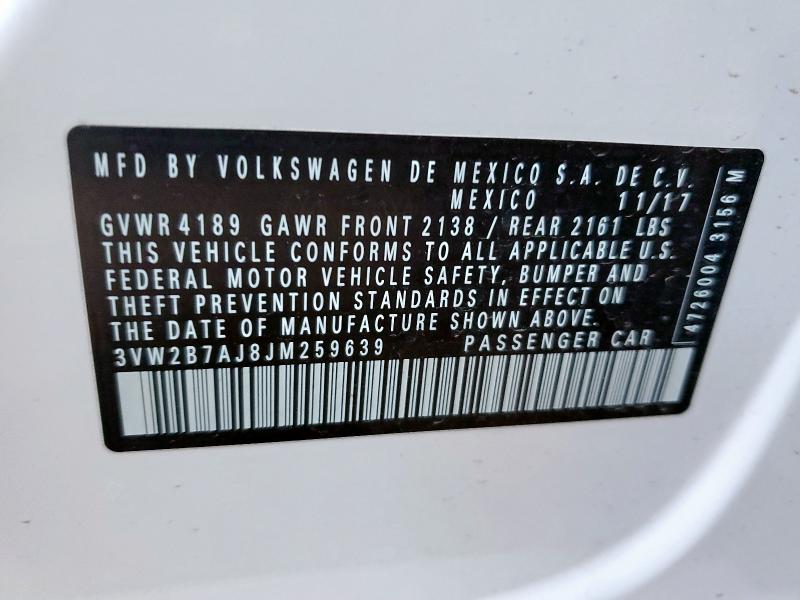 3VW2B7AJ8JM259639 - 2018 VOLKSWAGEN JETTA S WHITE photo 12