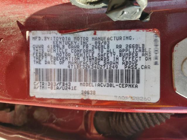 4T1BE32K34U271249 - 2004 TOYOTA CAMRY LE RED photo 12