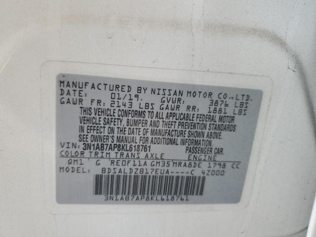 3N1AB7AP8KL618761 - 2019 NISSAN SENTRA S თეთრი ფოტო 13