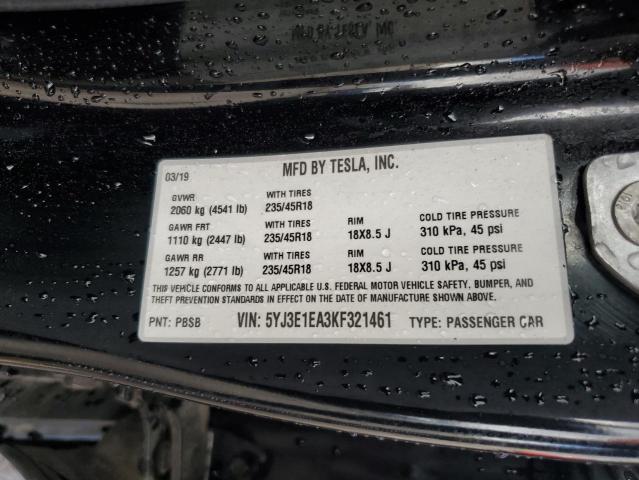 5YJ3E1EA3KF321461 - 2019 TESLA MODEL 3 BLACK photo 13