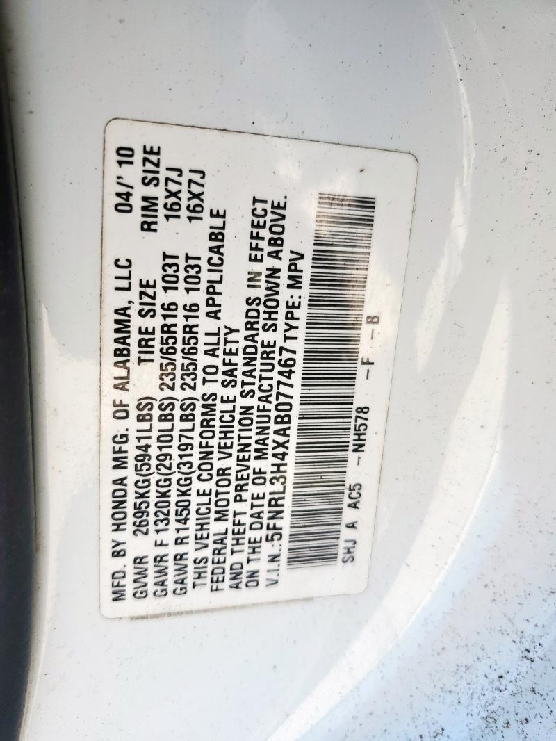 5FNRL3H4XAB077467 - 2010 HONDA ODYSSEY EX WHITE photo 13