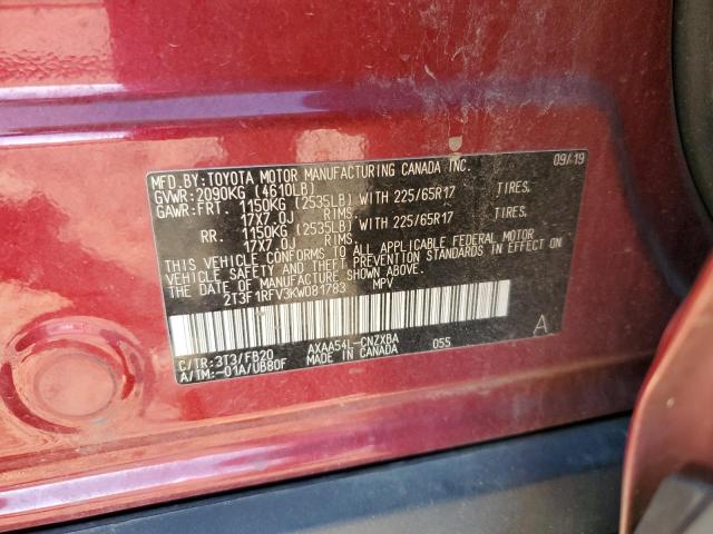 2T3F1RFV3KW081783 - 2019 TOYOTA RAV4 LE RED photo 13
