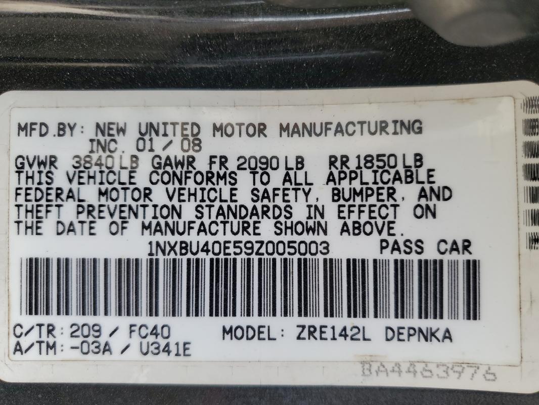 1NXBU40E59Z005003 - 2009 TOYOTA COROLLA BASE BLACK photo 12