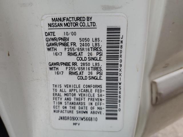 JN8DR09XX1W566810 - 2001 NISSAN PATHFINDER LE თეთრი ფოტო 14