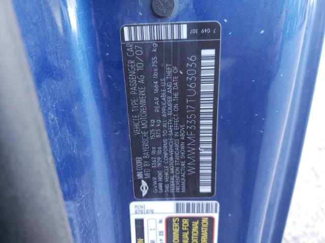 WMWMF33517TU63036 - 2007 MINI COOPER BLUE photo 12