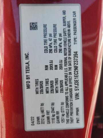 5YJ3E1EC2NF237394 - 2022 TESLA MODEL 3 Rot Foto 13