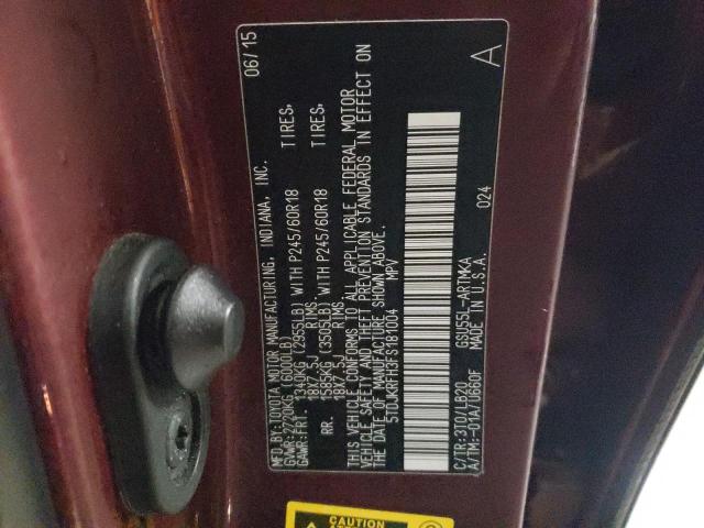 5TDJKRFH3FS181004 - 2015 TOYOTA HIGHLANDER XLE MAROON photo 12