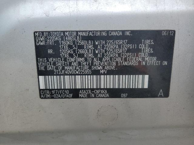 2T3JF4DV0CW225955 - 2012 TOYOTA RAV4 SILVER photo 13