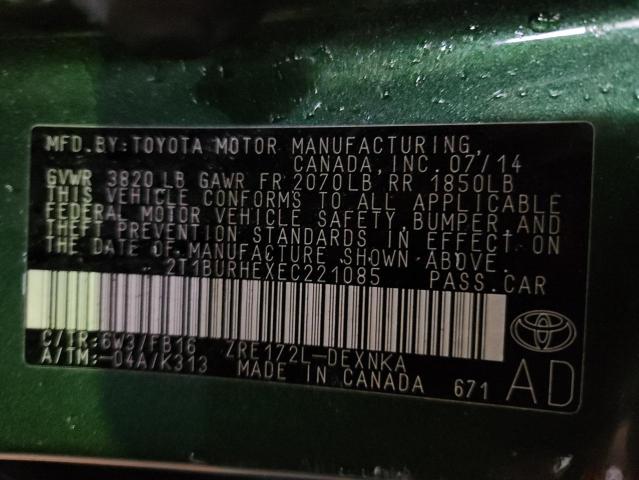 2T1BURHEXEC221085 - 2014 TOYOTA COROLLA L მწვანე ფოტო 12