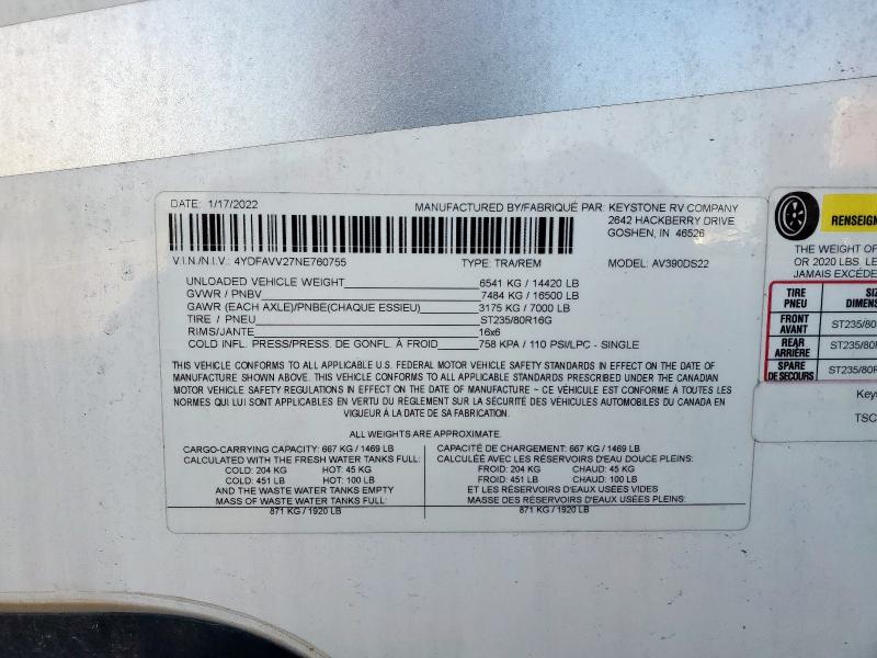 4YDFAVV27NE760755 - 2022 KEYSTONE AVALANCHE ორფეროვანი ფოტო 10