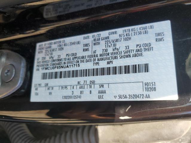 1FMCU0F65NUA11715 - 2022 FORD ESCAPE S შავი ფოტო 13