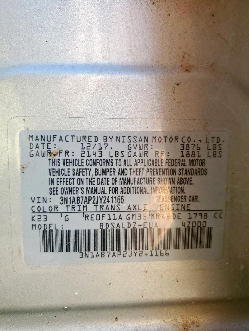 3N1AB7AP2JY241166 - 2018 NISSAN SENTRA S Күміс фото 12