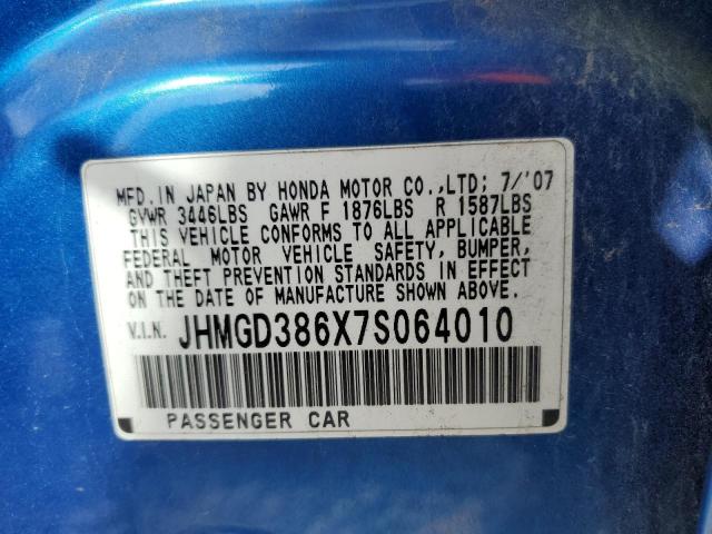 JHMGD386X7S064010 - 2007 HONDA FIT S 蓝色 照片 12