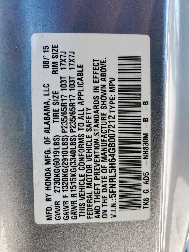5FNRL5H64GB007212 - 2016 HONDA ODYSSEY EXL SILVER photo 13