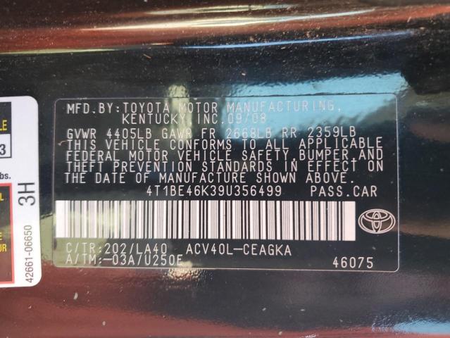 4T1BE46K39U356499 - 2009 TOYOTA CAMRY BASE 黑色 照片 12