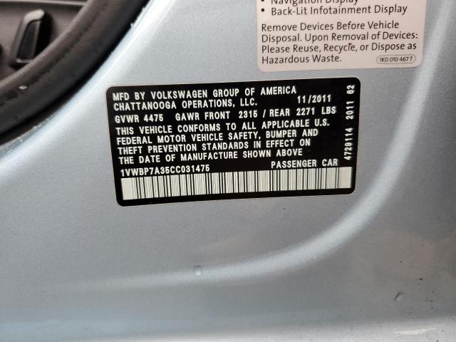 1VWBP7A35CC031475 - 2012 VOLKSWAGEN PASSAT SE BLUE photo 12