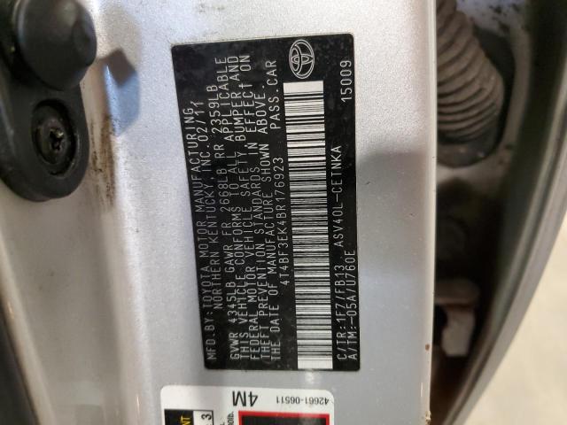 4T4BF3EK4BR176923 - 2011 TOYOTA CAMRY BASE SILVER photo 12