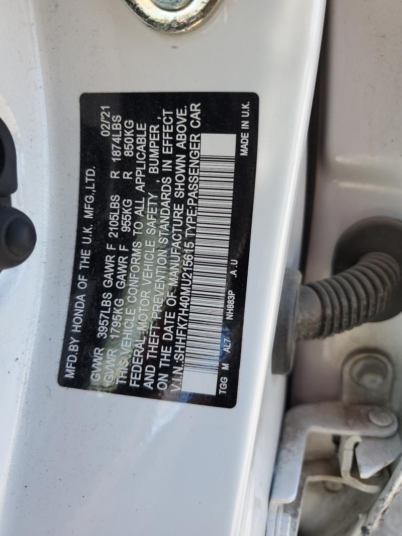 SHHFK7H40MU215615 - 2021 HONDA CIVIC SPORT WHITE photo 12