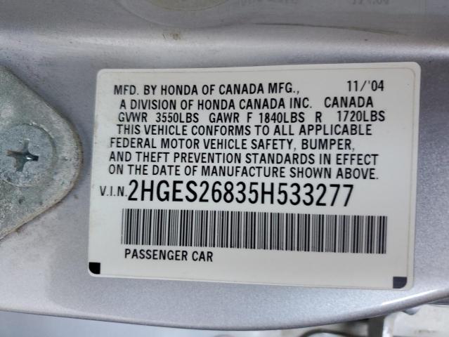 2HGES26835H533277 - 2005 HONDA CIVIC EX SILVER photo 12