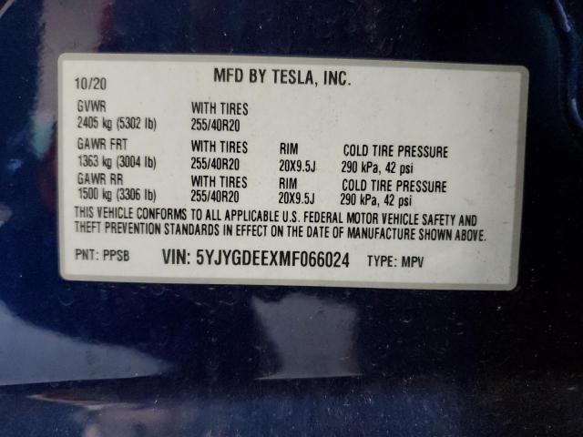 5YJYGDEEXMF066024 - 2021 TESLA MODEL Y BLUE photo 13