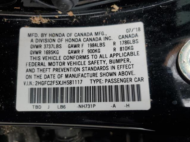 2HGFC2F5XJH581117 - 2018 HONDA CIVIC LX BLACK photo 12