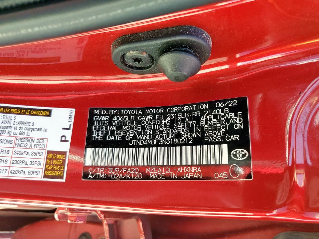 JTND4MBE3N3180212 - 2022 TOYOTA COROLLA SE 红色 照片 13