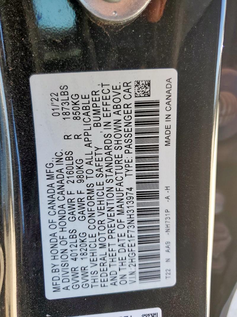 2HGFE1F73NH313974 - 2022 HONDA CIVIC EX 黑色 照片 12