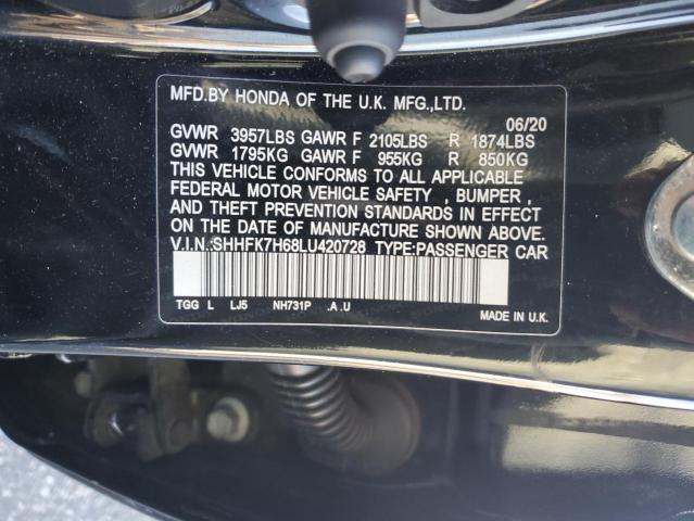 SHHFK7H68LU420728 - 2020 HONDA CIVIC EX 黑色 照片 12