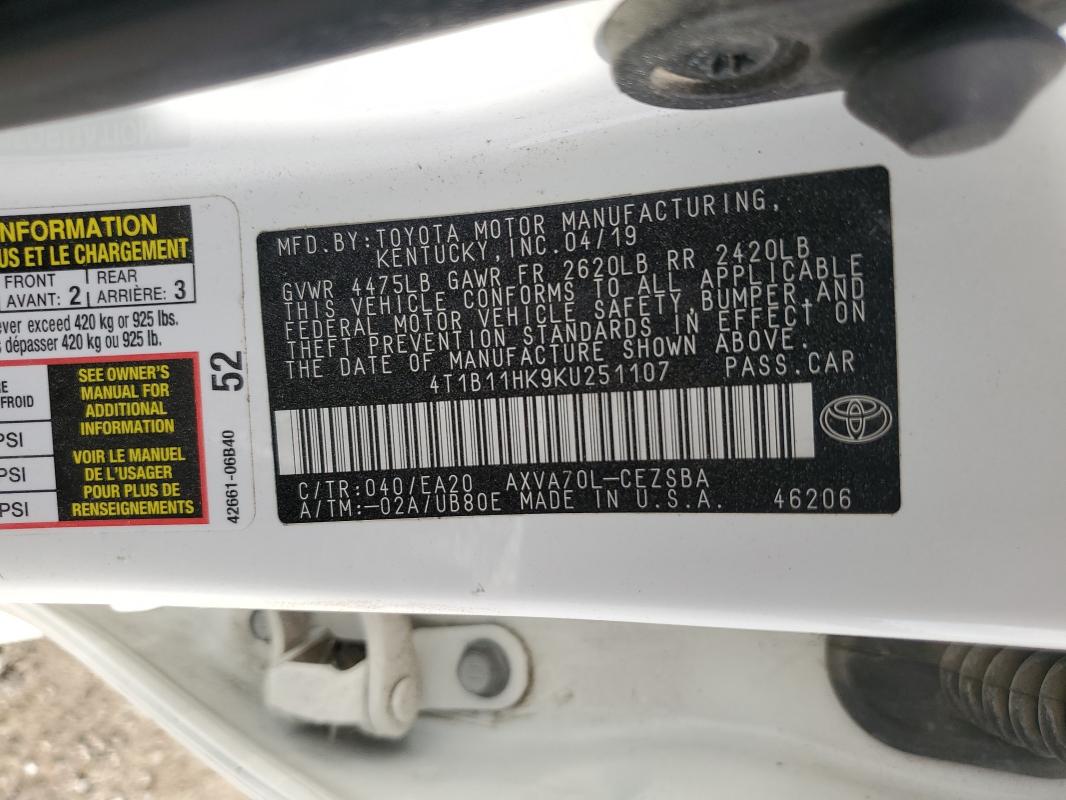 4T1B11HK9KU251107 - 2019 TOYOTA CAMRY L Beyaz fotoğraf 12