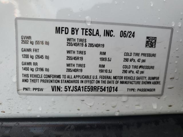 5YJSA1E59RF541014 - 2024 TESLA MODEL S WHITE photo 12