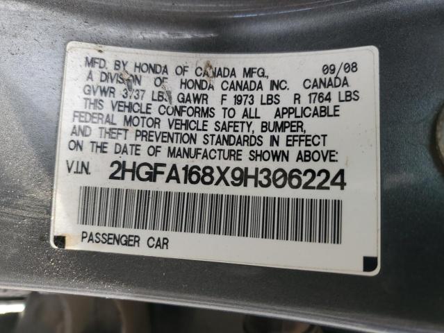 2HGFA168X9H306224 - 2009 HONDA CIVIC EX GRAY photo 12