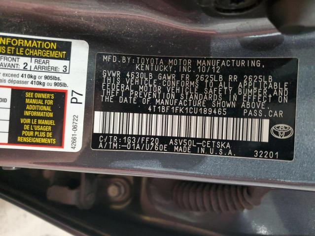4T1BF1FK1CU189465 - 2012 TOYOTA CAMRY BASE 石墨色 照片 12