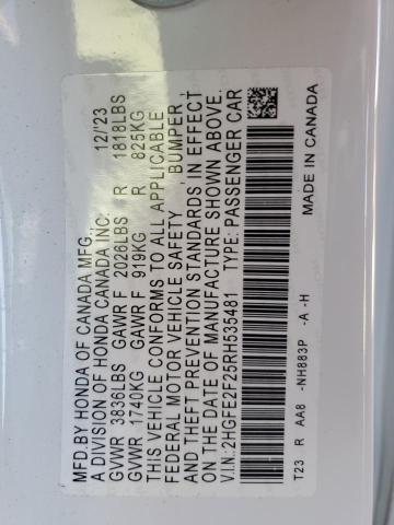 2HGFE2F25RH535481 - 2024 HONDA CIVIC LX WHITE photo 13