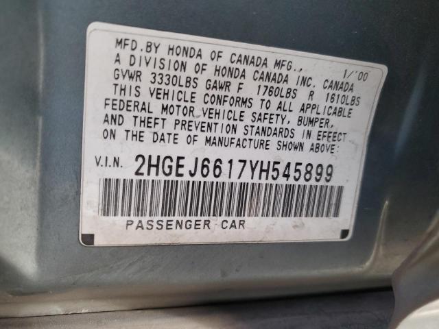 2HGEJ6617YH545899 - 2000 HONDA CIVIC BASE BLUE photo 12