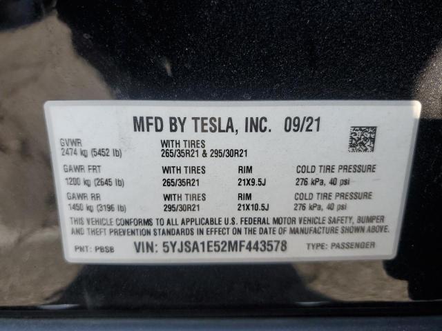 5YJSA1E52MF443578 - 2021 TESLA MODEL S BLACK photo 13