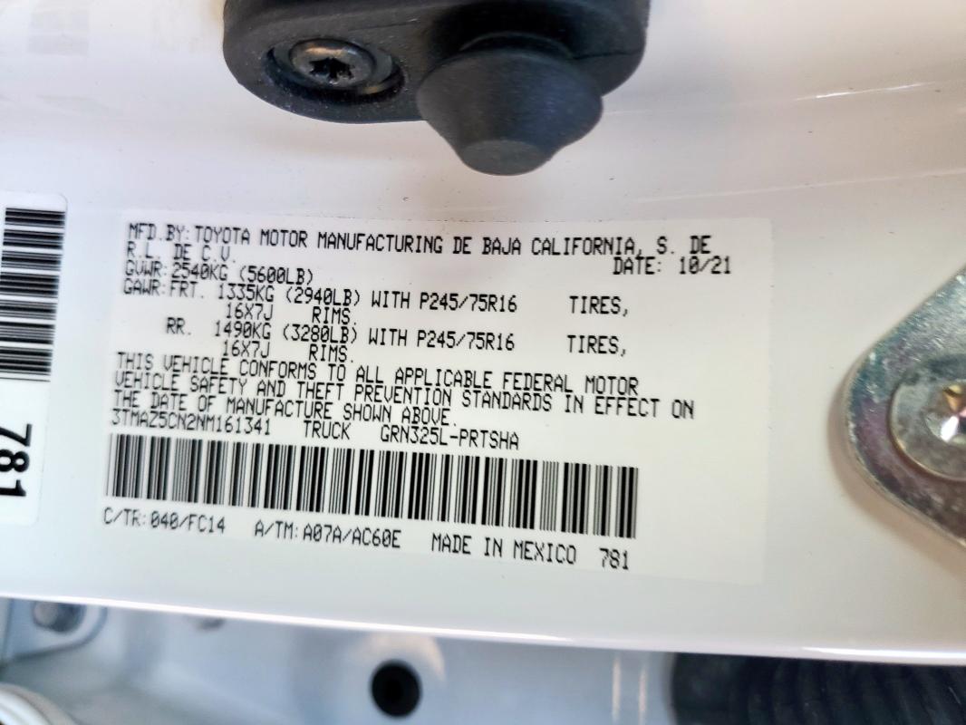 3TMAZ5CN2NM161341 - 2022 TOYOTA TACOMA DOUBLE CAB 白色 照片 12