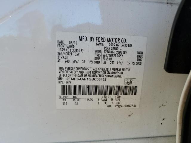 2FMPK4AP1GBC03432 - 2016 FORD EDGE SPORT Biały zdjęcie 14