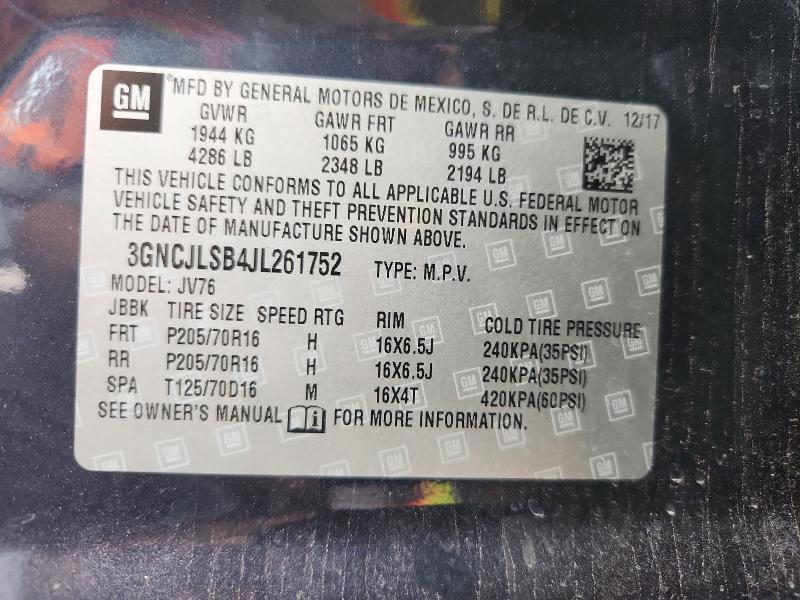 3GNCJLSB4JL261752 - 2018 CHEVROLET TRAX 1LT Көк фото 14