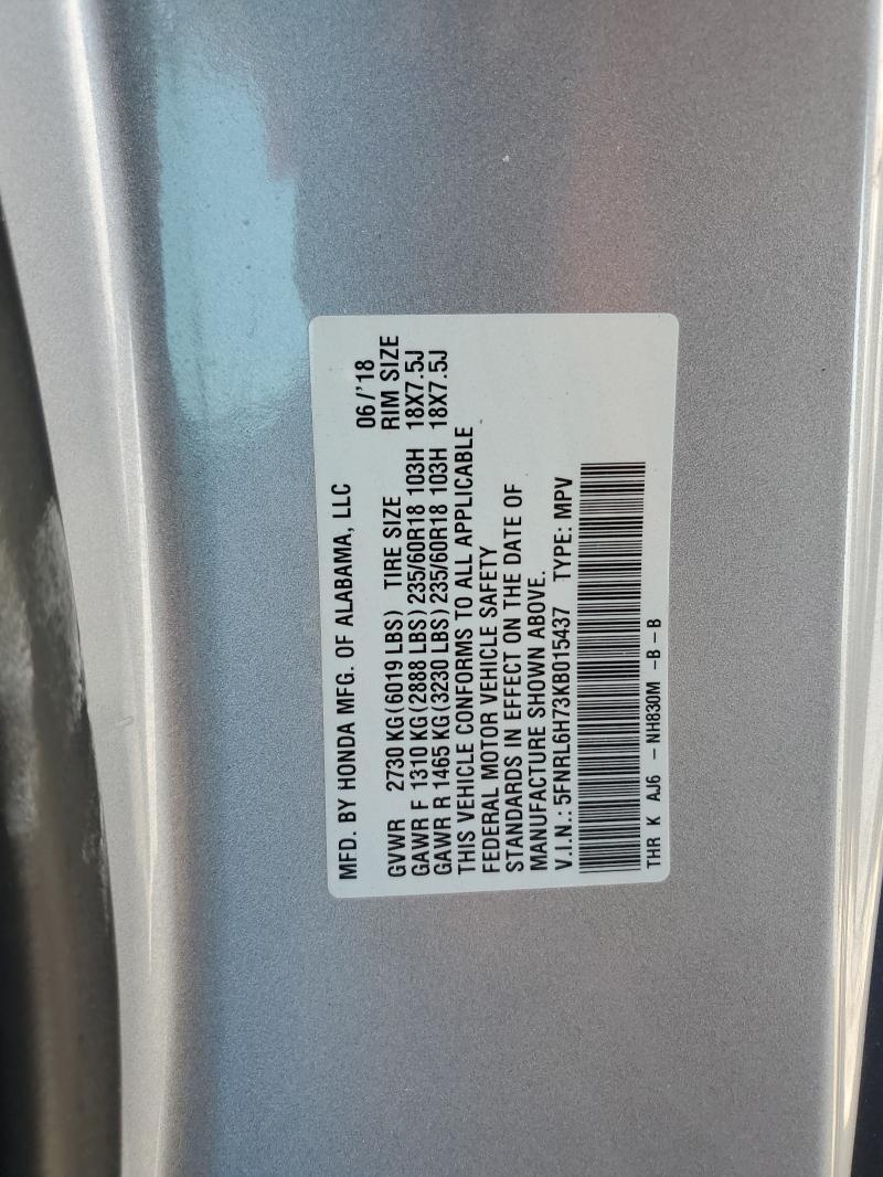 5FNRL6H73KB015437 - 2019 HONDA ODYSSEY EXL SILVER photo 13