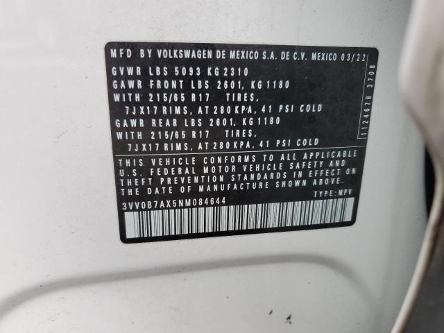 3VV0B7AX5NM084644 - 2022 VOLKSWAGEN TIGUAN S WHITE photo 13