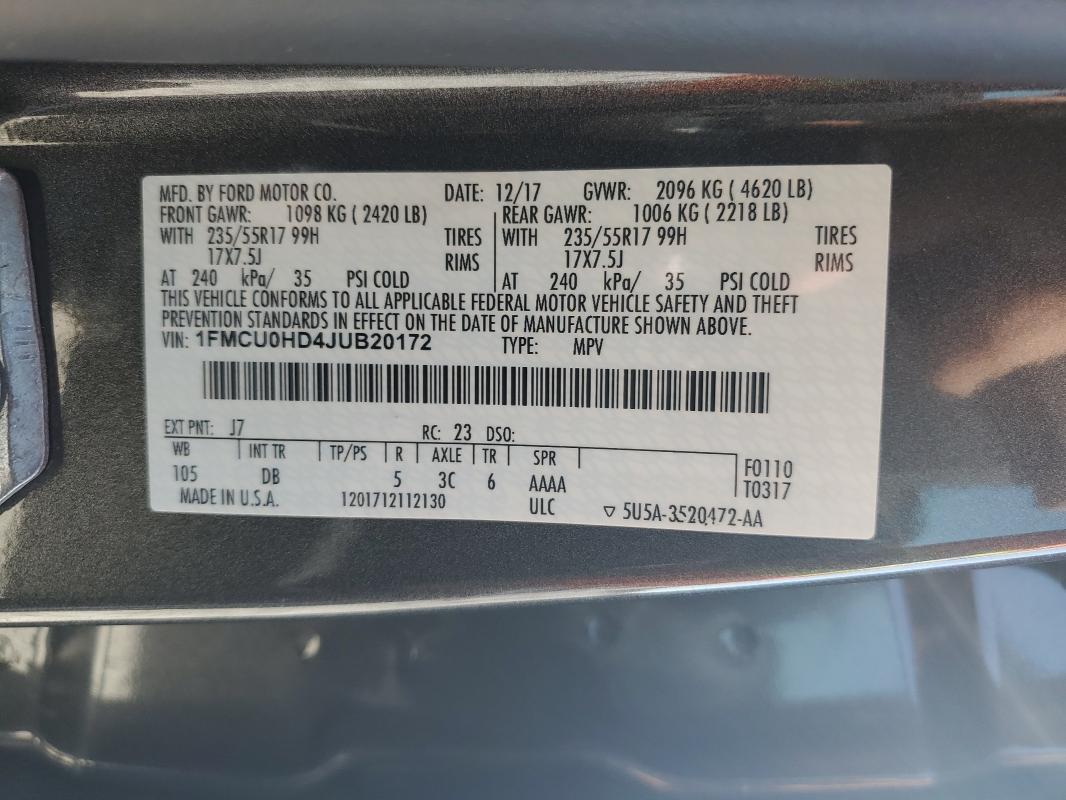 1FMCU0HD4JUB20172 - 2018 FORD ESCAPE SEL ნაცრისფერი ფოტო 14