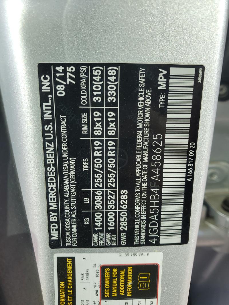 4JGDA5HB4FA458625 - 2015 MERCEDES-BENZ ML 350 4MATIC SILVER photo 14