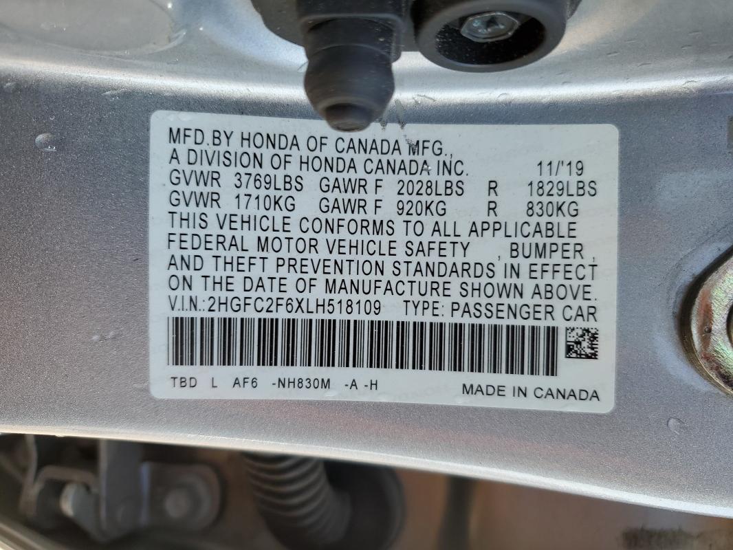 2HGFC2F6XLH518109 - 2020 HONDA CIVIC LX SILVER photo 12