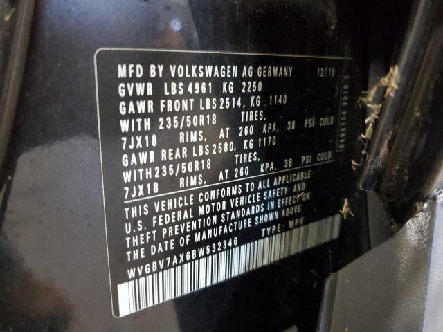 WVGBV7AX6BW532346 - 2011 VOLKSWAGEN TIGUAN S შავი ფოტო 13