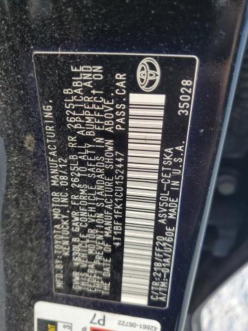 4T1BF1FK1CU152447 - 2012 TOYOTA CAMRY BASE BLACK photo 12