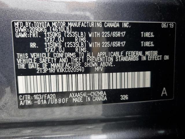 2T3P1RFVXKC020940 - 2019 TOYOTA RAV4 XLE Մոխրագույն լուսանկար 13