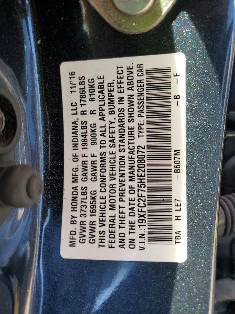 19XFC2F75HE208072 - 2017 HONDA CIVIC EX GRAY photo 12