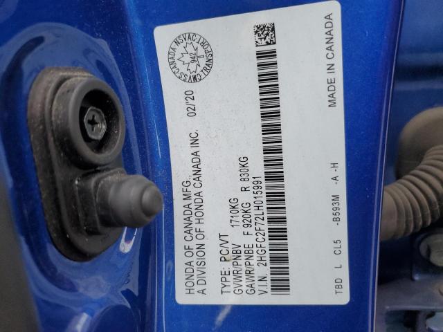 2HGFC2F72LH015991 - 2020 HONDA CIVIC EX BLUE photo 12